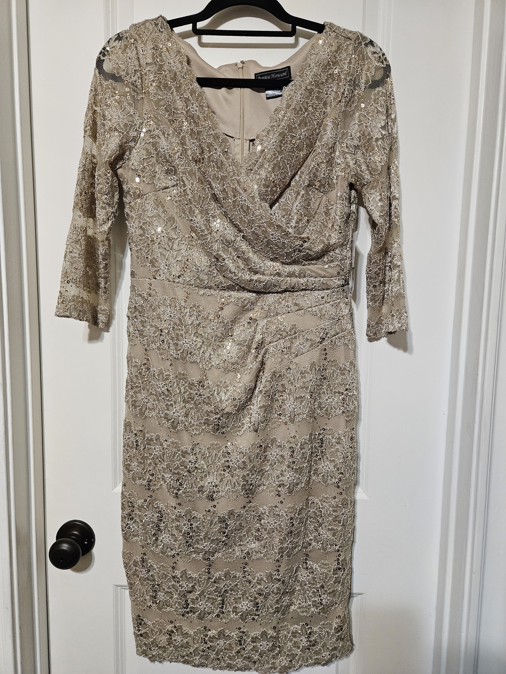 Jessica Howard Champagne Lace & Sequin Long-Sleeve Sheath Dress
